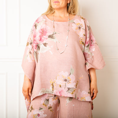 The dusky pink Bouquet Print Linen Top which is also available as a linen trouser set
