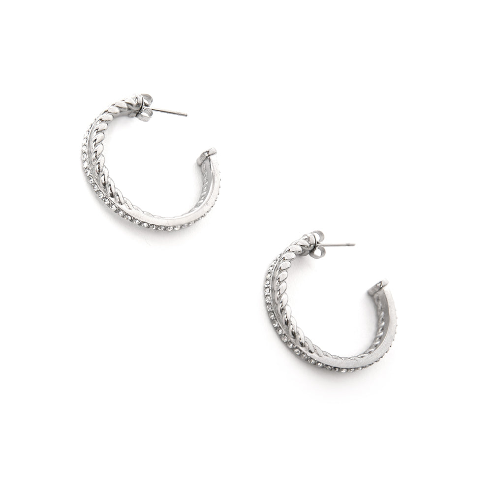 Frankie hoops in Silver, open hoop, twisted and sparkly detailing
